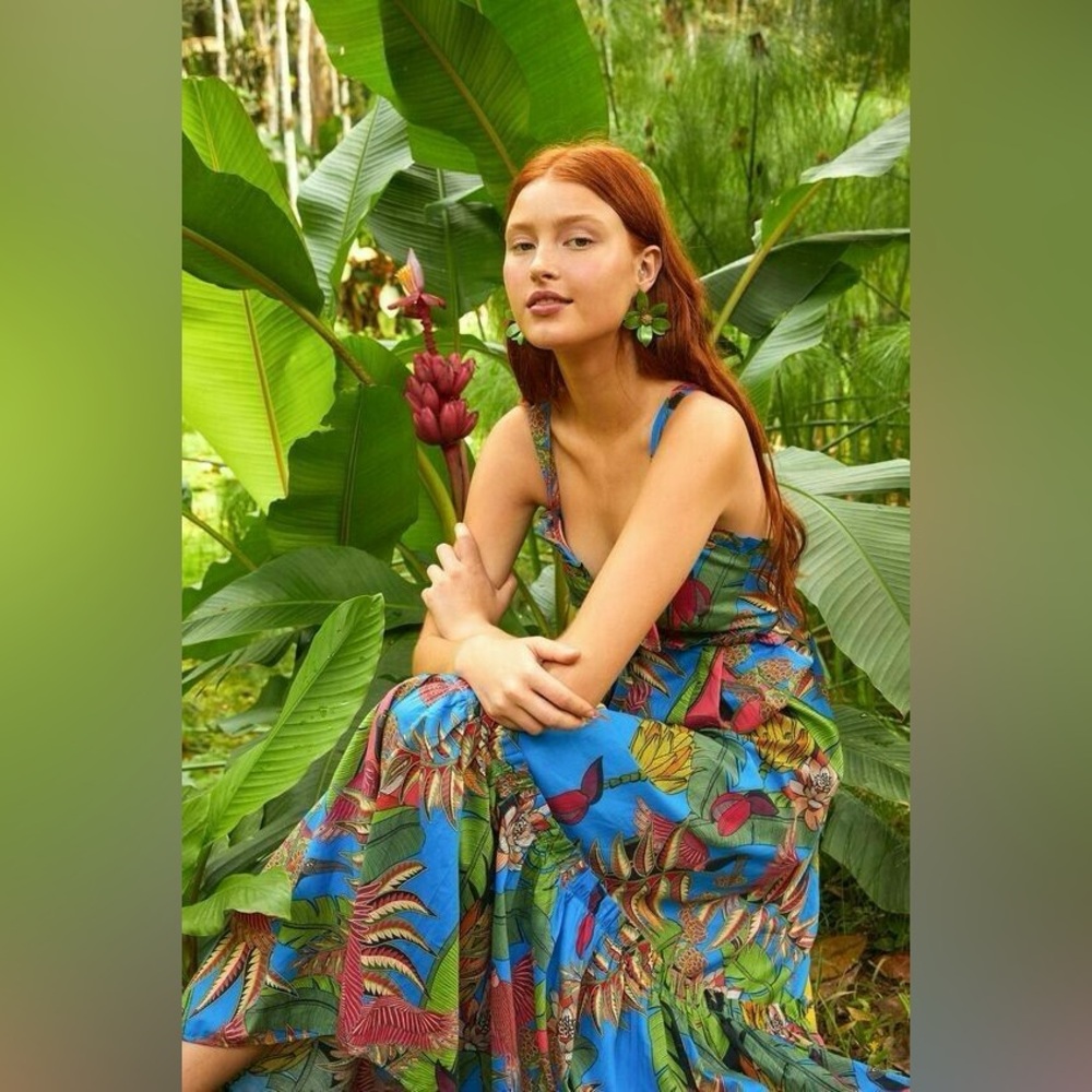 NWOT Farm Rio Anthropologie Tuiuiu Tropical Coastal BabydollFloral Maxi Dress XS